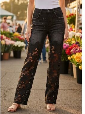 Washed Black Faux Pearl Floral Lace Wide leg Denim Jeans